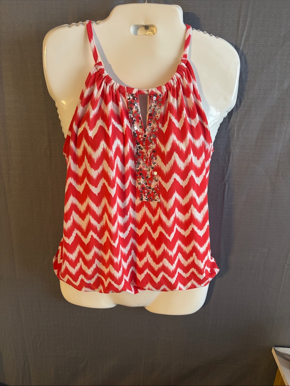 INC International Concepts Red and White Chevron Beaded Halter Camisole